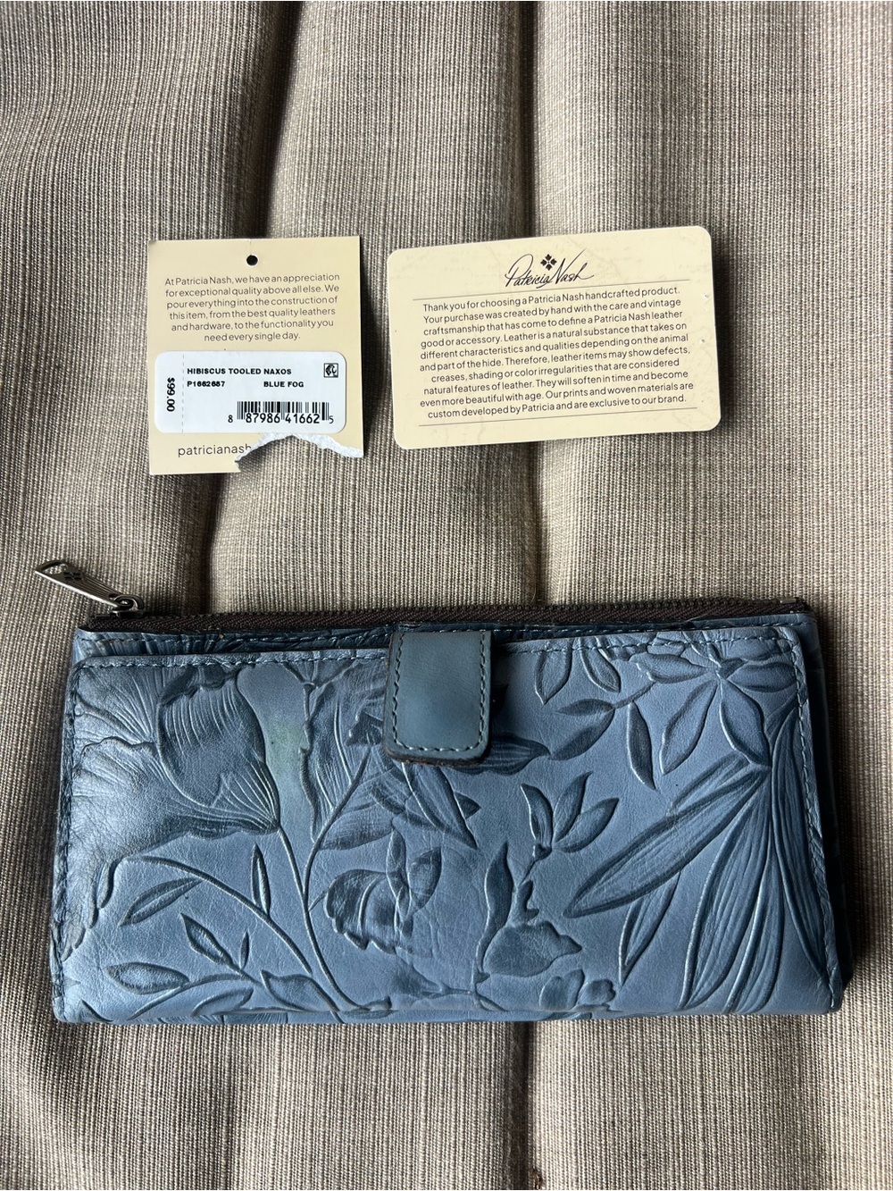 Patricia Nash Blue Floral Embossed Leather Wallet with Zip